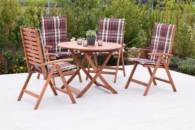 Set di mobili da giardino Merxx Borkum, 9 pezzi: 4 sedie pieghevoli, 4 cuscini, 1 tavolo pieghevole Ø 100 x 74 – Eucalipto