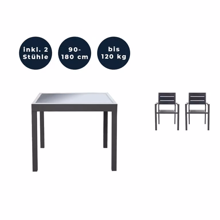 Home Deluxe - Tavolo da giardino allungabile - VERANO - ca. 90 (180) x 90 x 75 cm - incl. 2 sedie, struttura in alluminio, piano in vetro, incl. accessori I Set da giardino tavolo allungabile per balcone