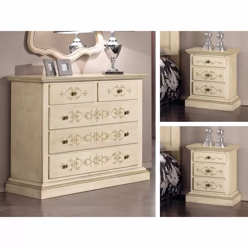 Set di mobili da camera da letto Mobili 2G composto da una cassettiera e due comodini in legno stile shabby chic colore avorio