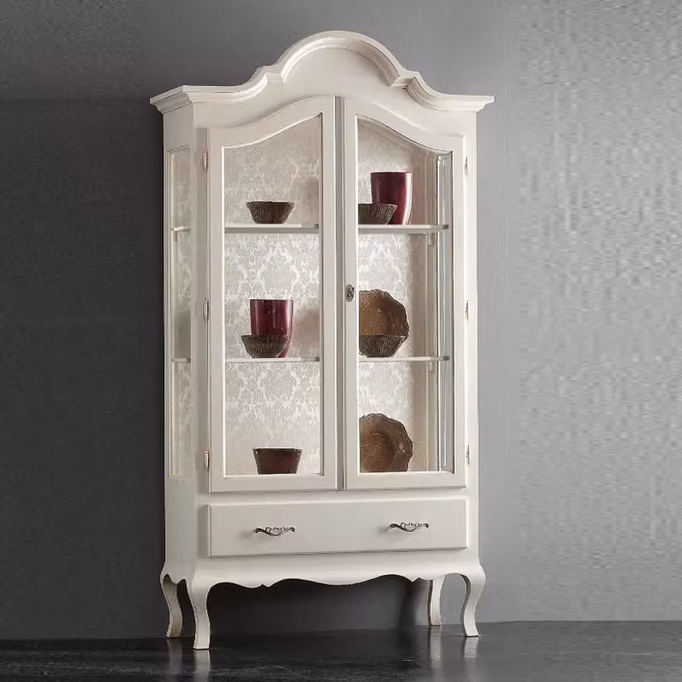 Vetrina cappello gendarme in legno con 2 ante in vetro stile shabby chic bianco opaco Mobili 2G L/P/H: 104 x 45 x 196 cm