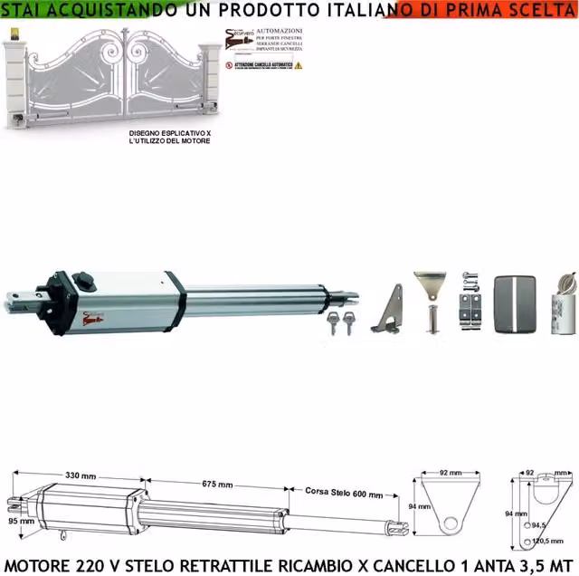 Motore Elettromeccanico Cancello Elettrico 220 V Stelo Retrattile Corsa 600 mm Anta Battente 3,5 Metri Spinta 250 Kg Sblocco a Chiave Ricambio Automatismo Securvera Completo di Staffe Bulloni