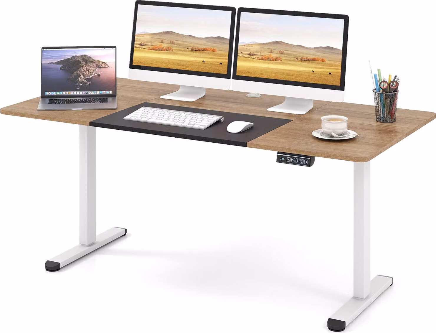 COSTWAY scrivania regolabile in altezza 140 x 70 cm, scrivania in piedi con funzione di memoria e gestione dei cavi, scrivania per computer, beige