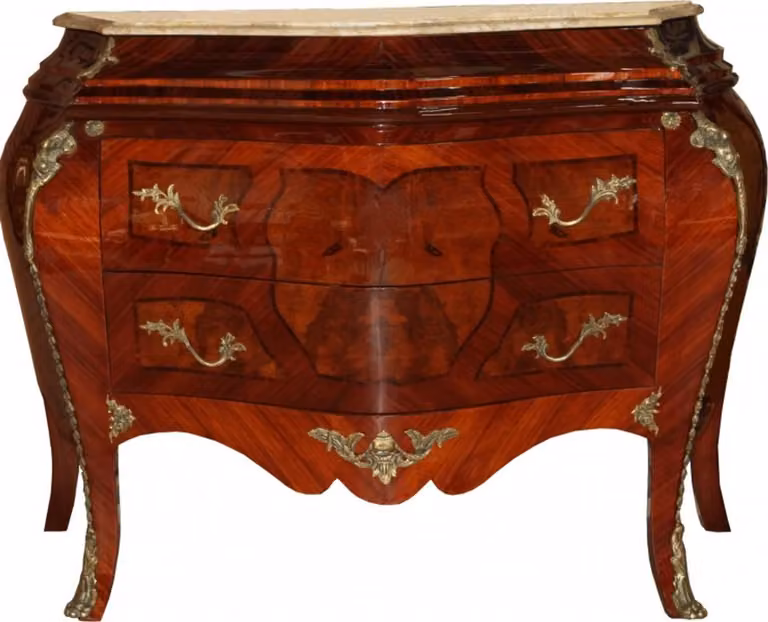 Comò Casa Padrino in stile Impero, color marrone, con piano in marmo color crema, dimensioni 128 x 60 x 91 cm