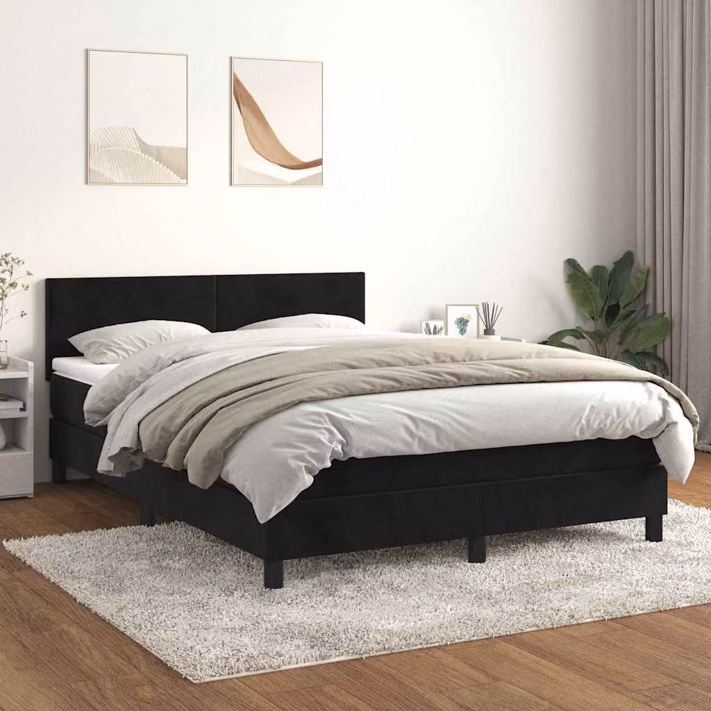vidaXL Letto Ibrido con Giroletto a Molle e Materasso in Velluto Nero, L/P/H: 193 x 144 x 88 cm