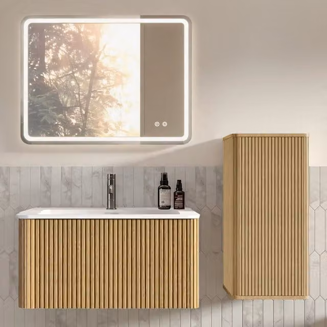 Set Mobile Bagno 80cm con Lavabo, Specchio LED Quadrato e Colonna Laterale, Pensile Sospeso Colore Legno di Quercia, Design Moderno