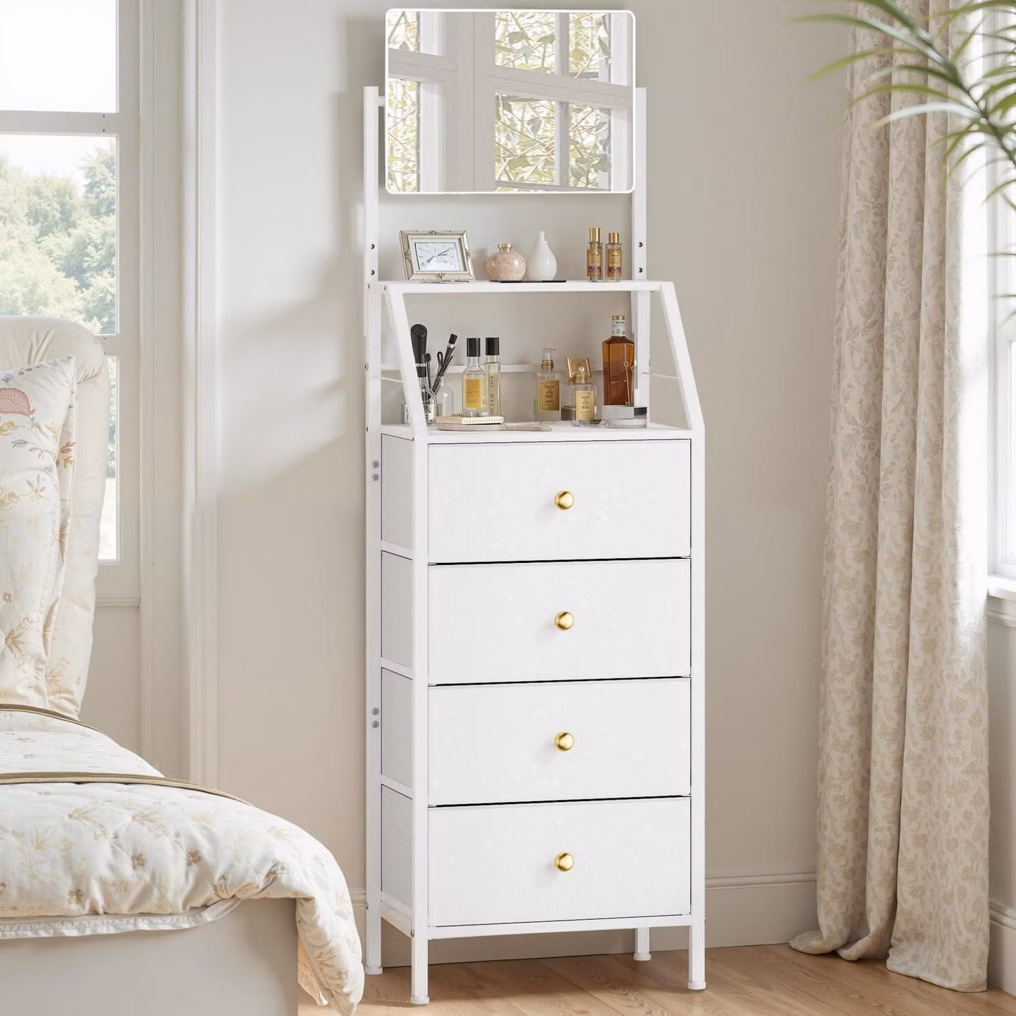 Comodino con specchio, 4 cassetti in tessuto, colore bianco, 147 cm