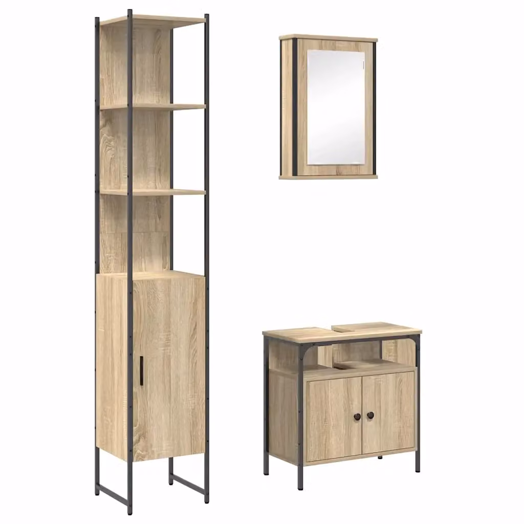 Set di mobili per il bagno moderno vidaXL in 3 pezzi color rovere con armadietto a specchio, mobile lavabo e colonna alta, L/P/H: 42.25 x 33.0 x 185.5 cm – 2