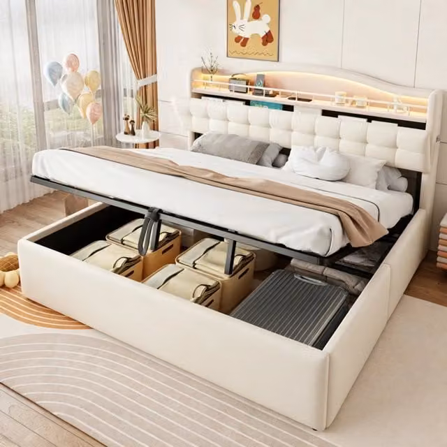 Letto matrimoniale imbottito 180 × 200 cm con contenitore idraulico velluto beige LED USB USB-C testiera con vani