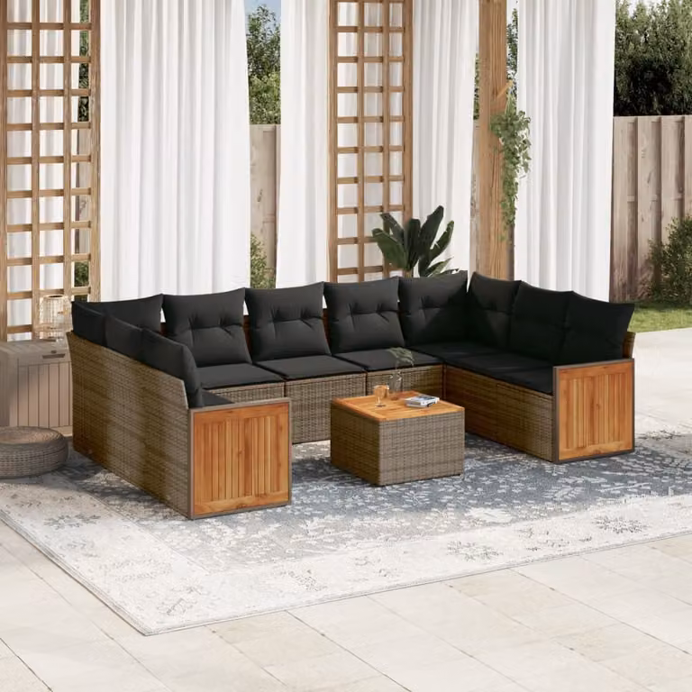 vidaXL Set Divano da Giardino 10 pz in Polyrattan Grigio con Cuscini e Tavolino da Esterno a Forma di L