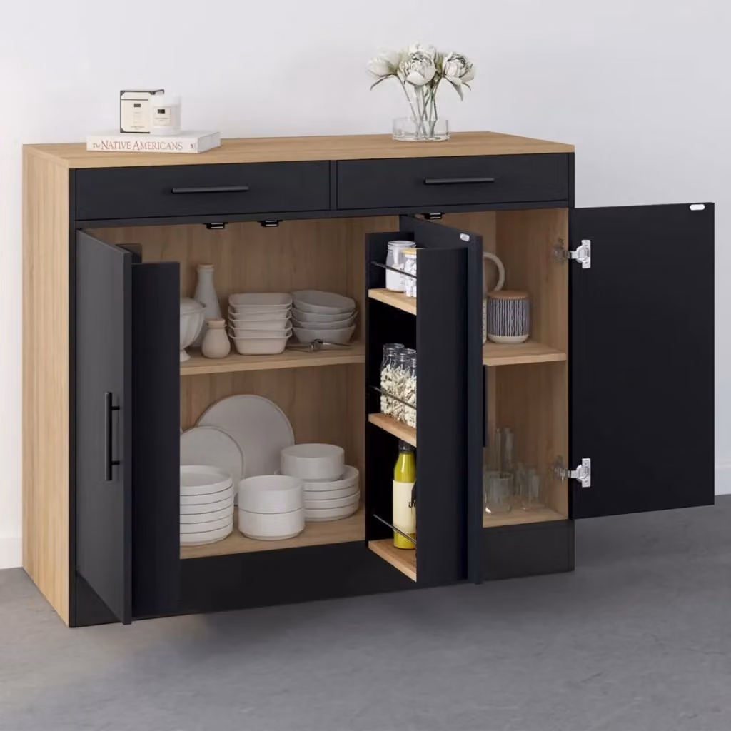 Cassettiera bassa IDMarket con contenitori effetto faggio e nero L: 110 cm, H: 90 cm, P: 40 cm – 2