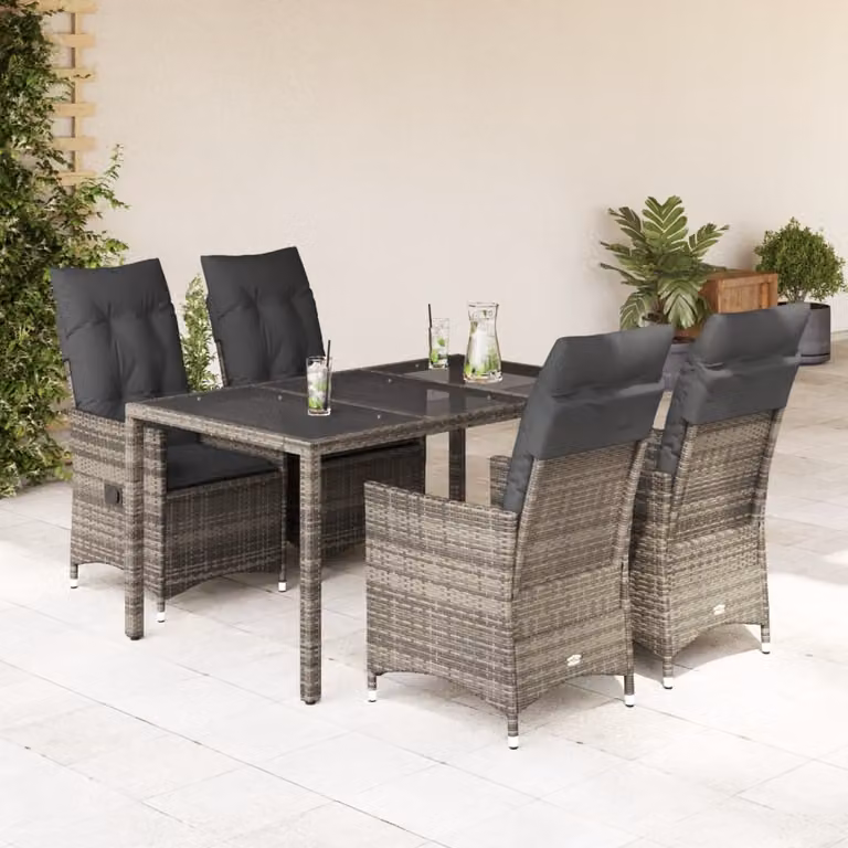 Set da Pranzo da Giardino vidaXL in Polyrattan Grigio con Cuscini e Tavolo in Vetro 5 Pezzi