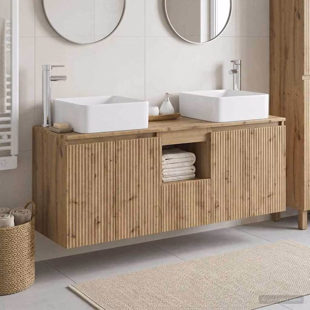 Set di 3 mobili da bagno moderni vidaXL in legno e metallo marrone con base lavabo e pensili sospesi