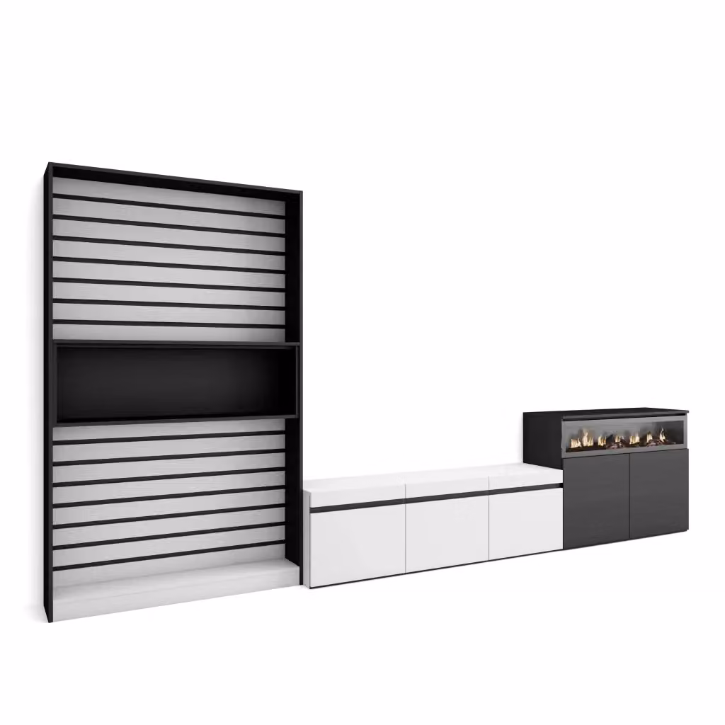 Mobile TV da soggiorno Skraut Home con camino elettrico e illuminazione integrata, Bianco e Nero, L: 360 cm, P: 35 cm, H: 186 cm – 2