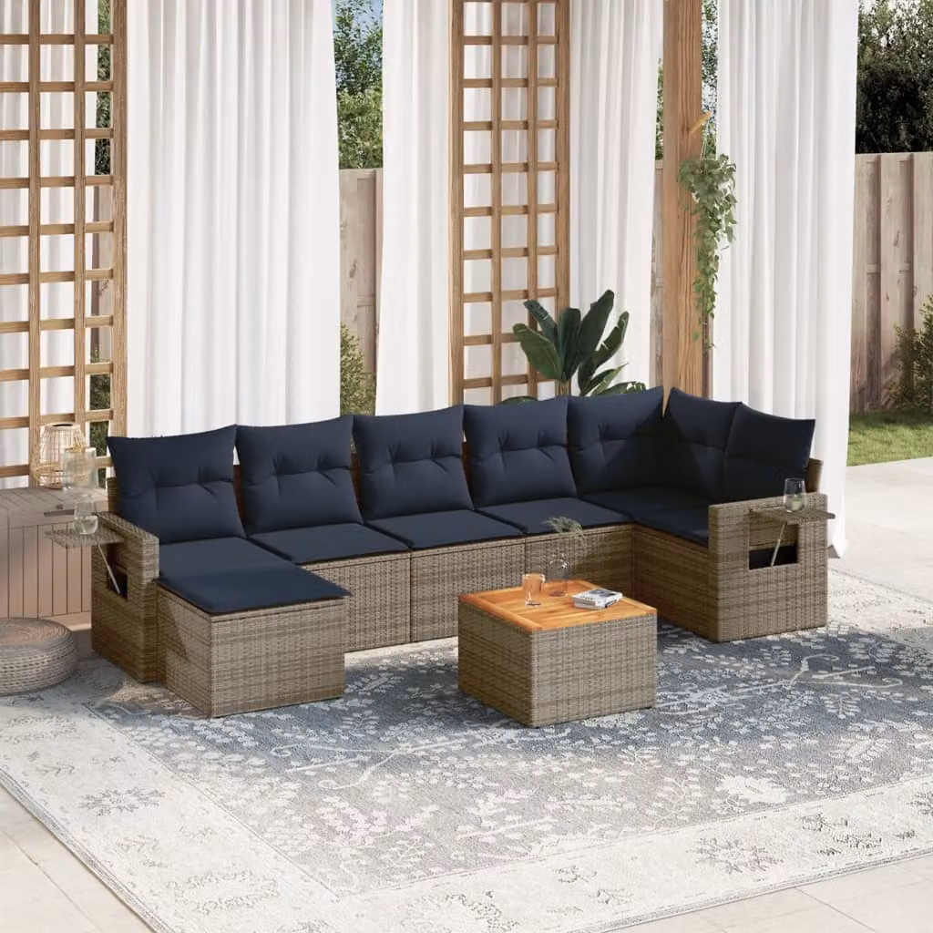 Set di divani da giardino vidaXL in polyrattan grigio con cuscini, tavolino e pouf, design moderno a L
