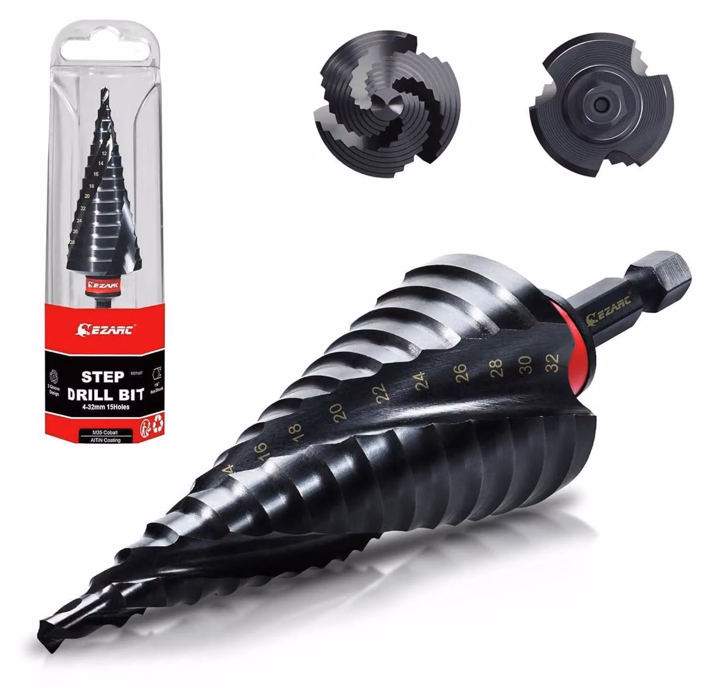 Trapano a tazza passo variabile, diametro 4-32 mm, in HSS con rivestimento in cobalto TiAIN, 15 step, per metallo, acciaio inossidabile, alluminio, legno e plastica