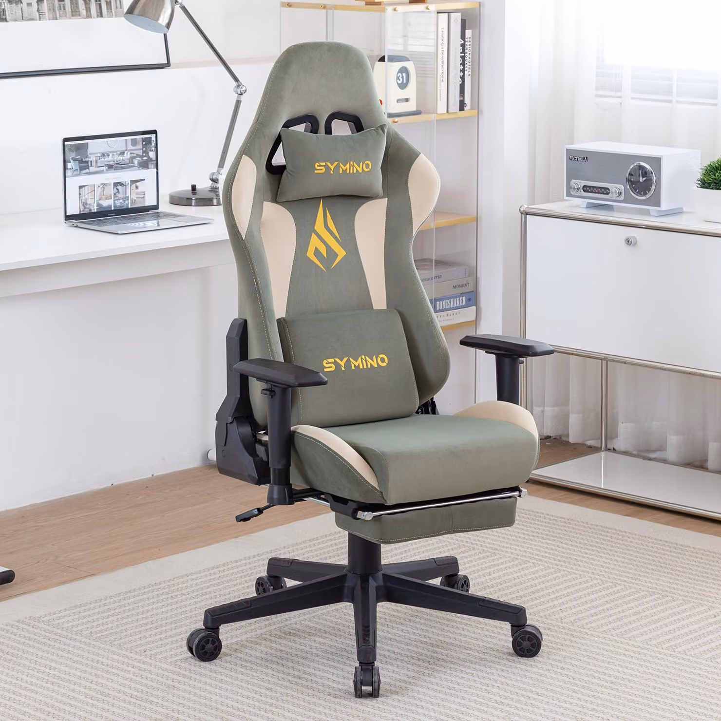 Sedia da gaming – Sedia da ufficio ergonomica, disponibile in verde e beige, rivestita in ecopelle, con poggiapiedi e struttura in metallo