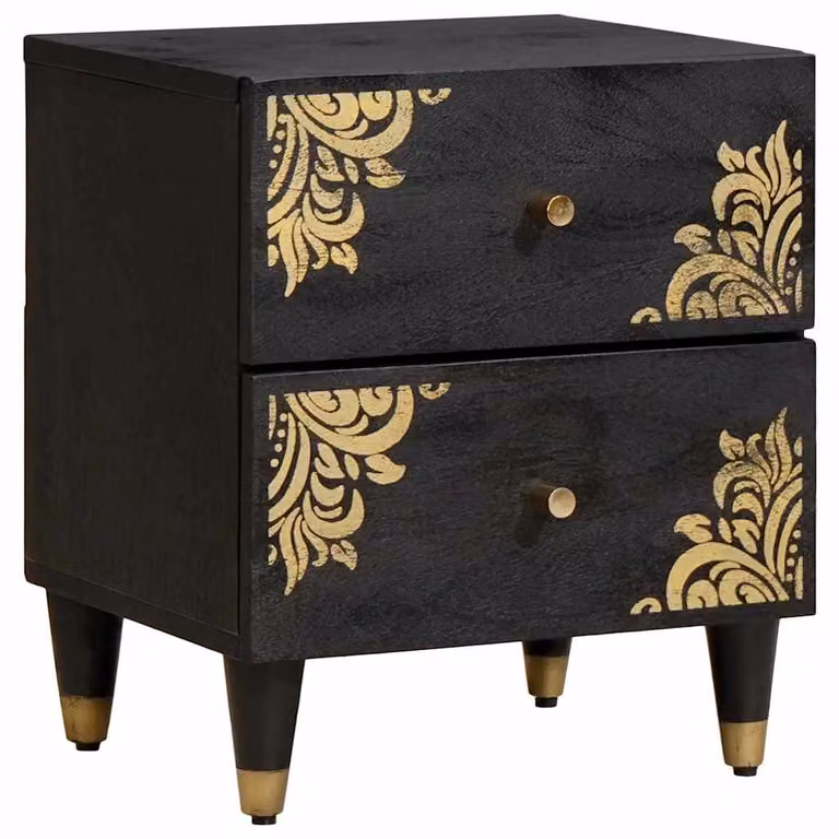 vidaXL Armadio da Notte Moderno in Legno di Mango Massello e Metallo, Nero, L 40 cm x P 33 cm x H 46 cm