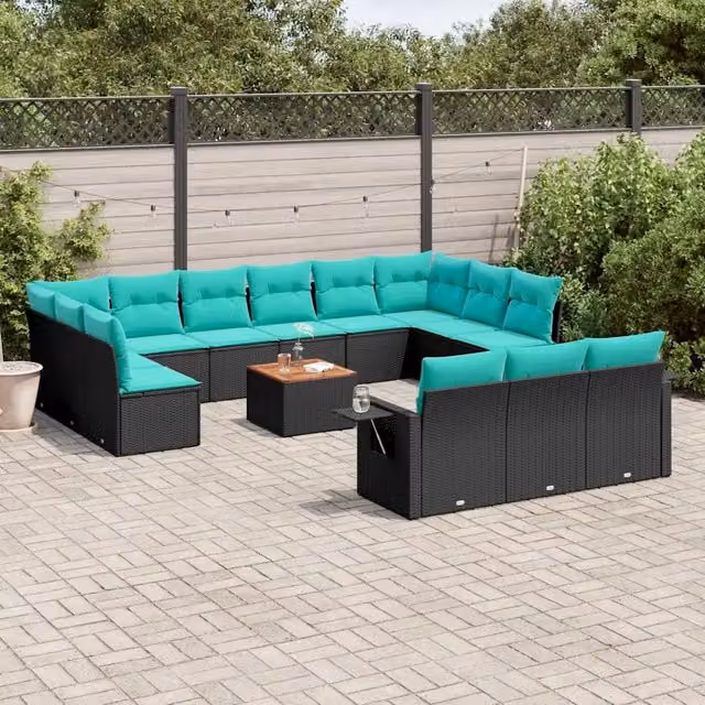 Set da giardino moderno vidaXL composto da 14 pezzi con divani a forma di U, tavolino da caffè e cuscini blu e neri in rattan e legno di acacia