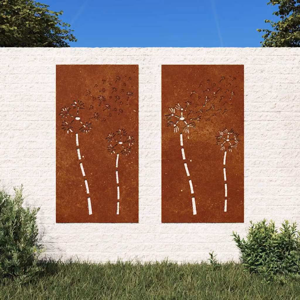 Set di 2 decorazioni da muro per giardino vidaXL con motivo floreale in acciaio corten color marrone, L 105 cm x H 55 cm