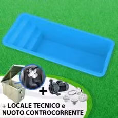 Piscina interrata in vetroresina GARDENIA+ con locale tecnico e nuoto controcorrente di PISCINE ITALIA, disponibile nei colori blu, sabbia o grigio