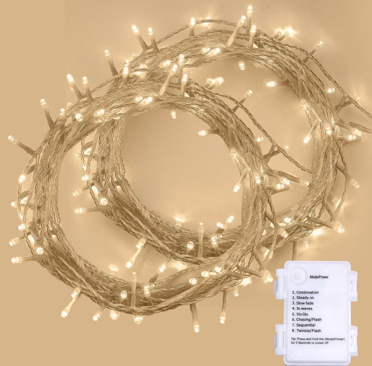 Catena luminosa a LED, 50 luci, 5 metri, luce bianca calda, con timer, confezione doppia