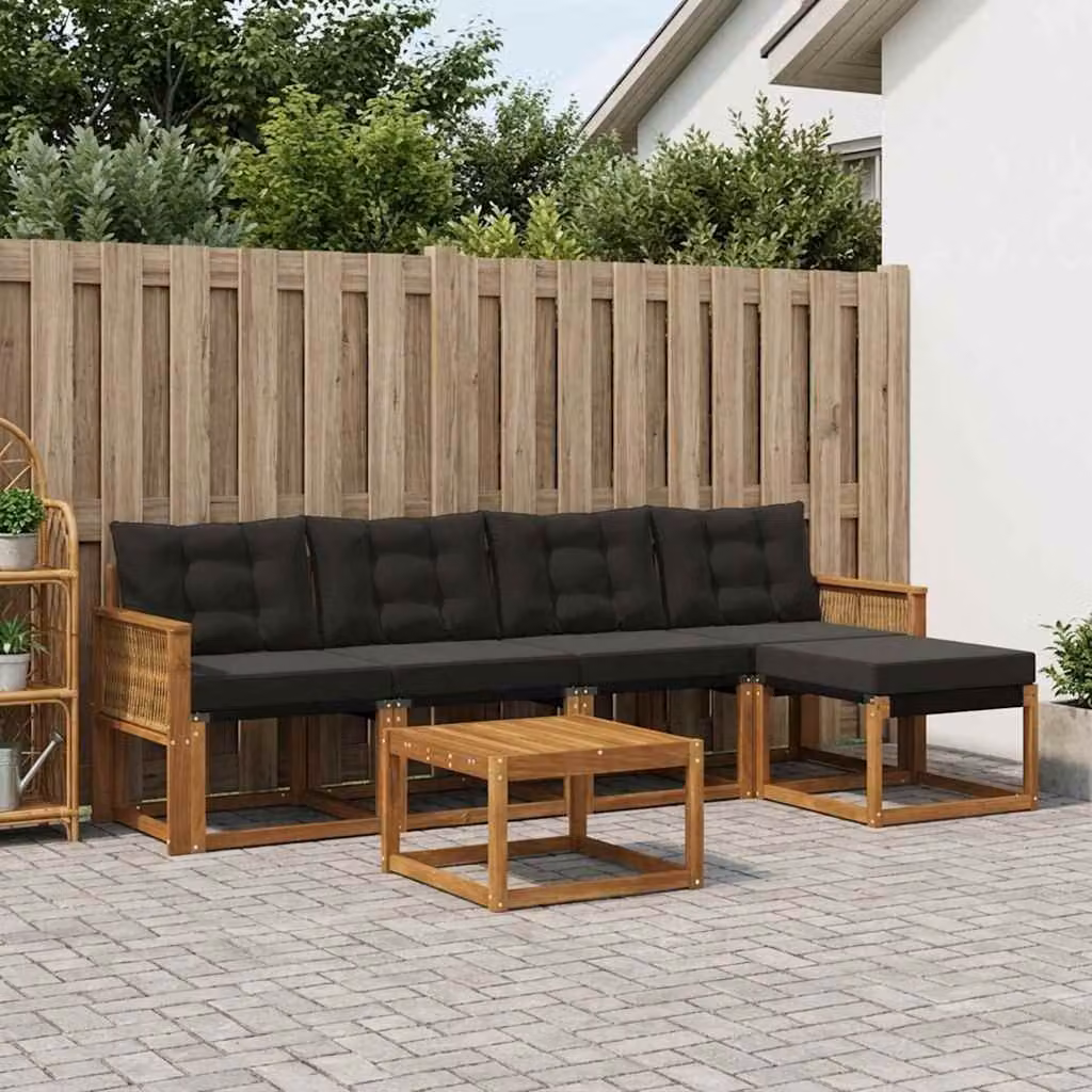 Set di divani da esterno vidaXL a forma di L composto da 6 pezzi in legno di acacia con cuscini beige e nero
