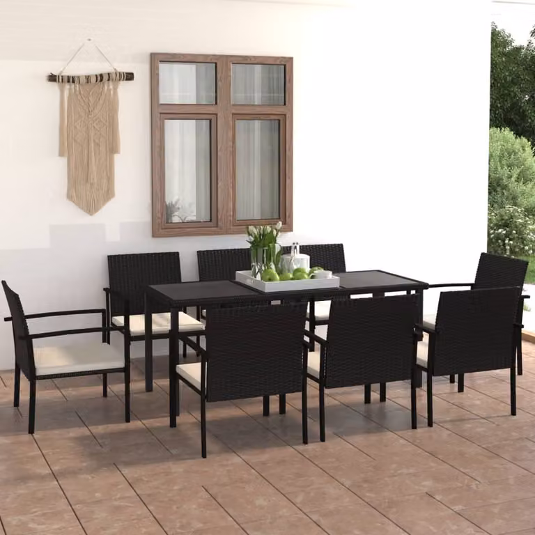 The Living Store Set da pranzo da giardino 9 pezzi in poly rattan nero