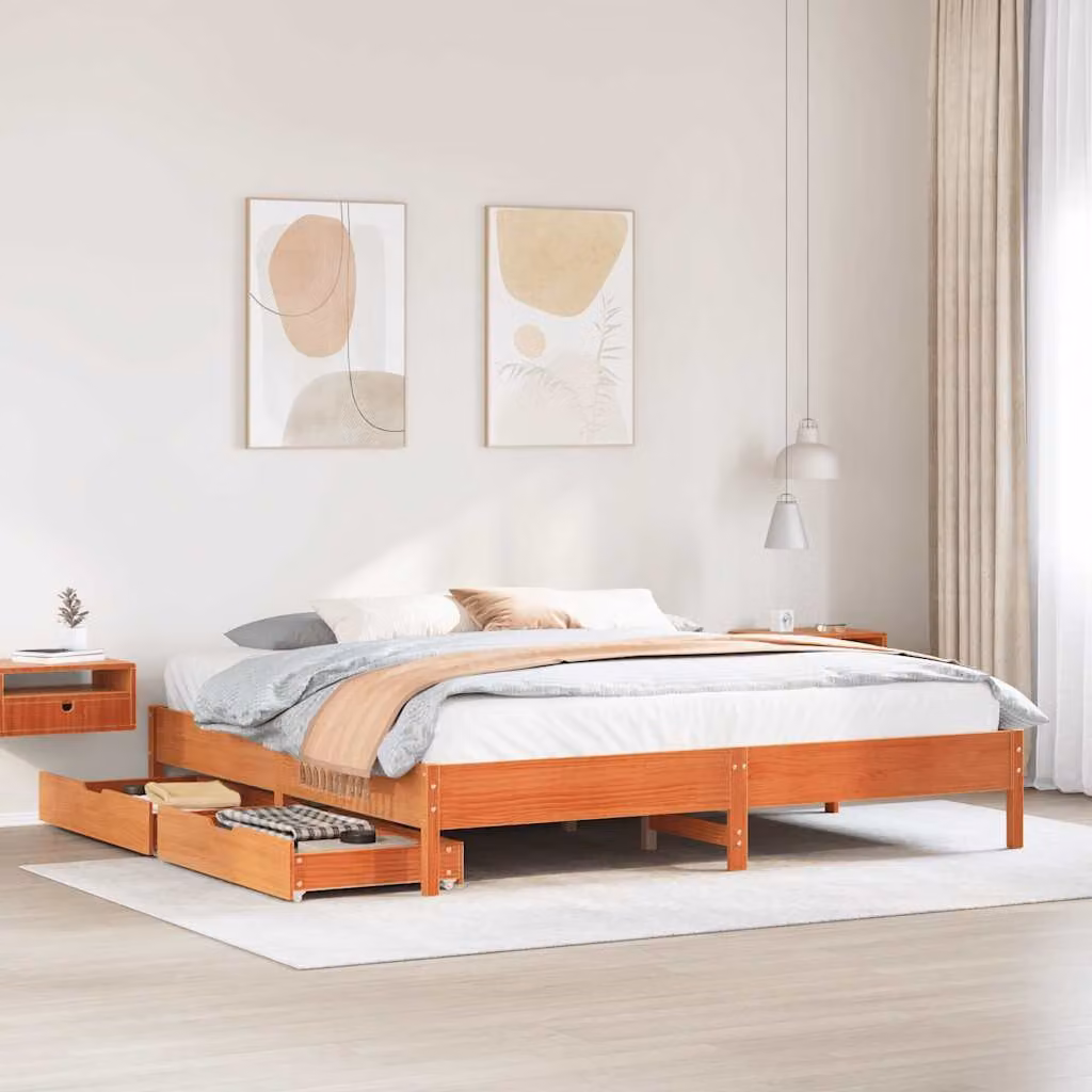 Letto in legno di pino rustico vidaXL senza materasso, colore marrone cera, L/P/H: 200 x 180 x 36,5 cm – 1