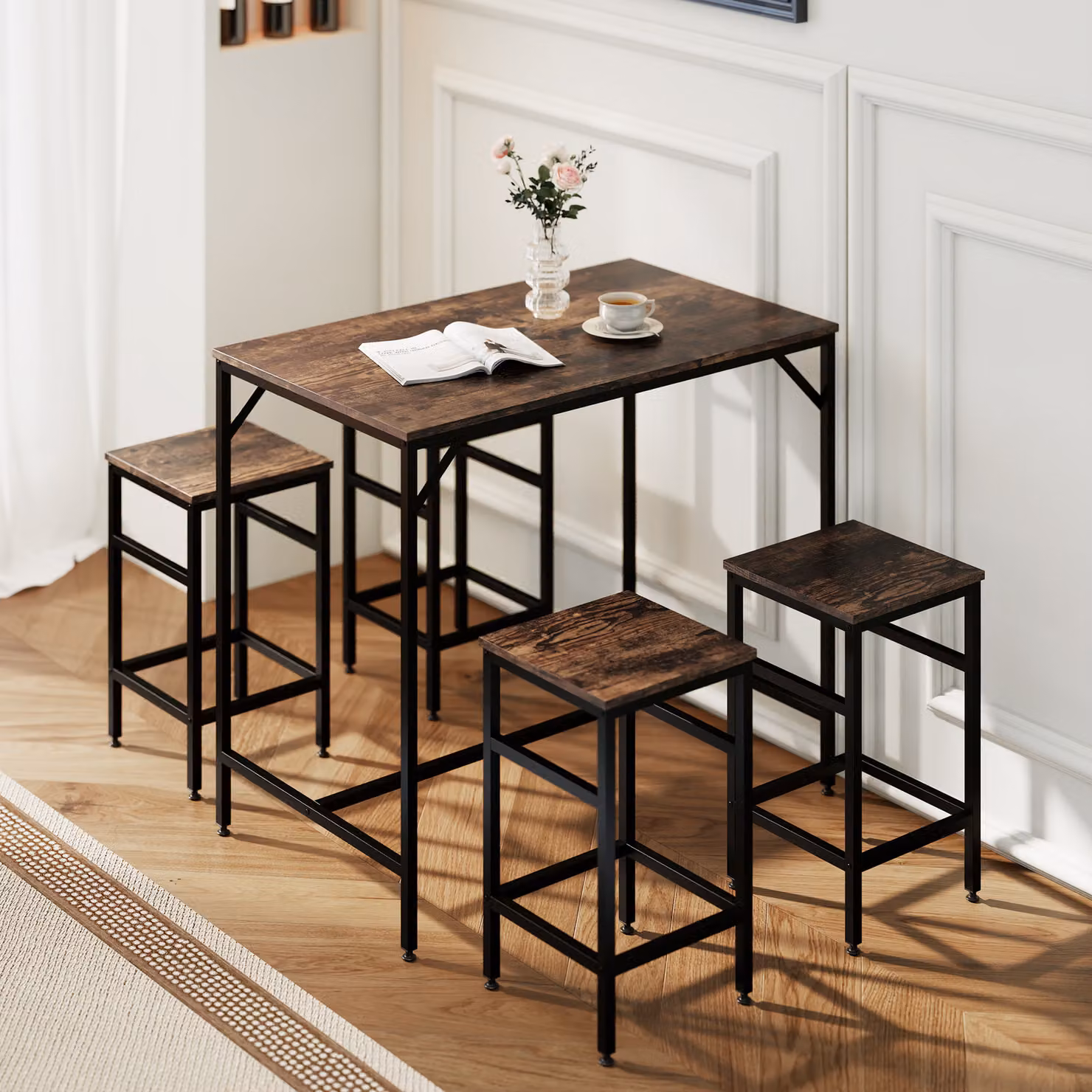 Set di 5 pezzi HOMCOM composto da tavolo alto rettangolare e sgabelli in stile industriale, realizzato in metallo e legno color marrone rustico per soggiorno e cucina – 2