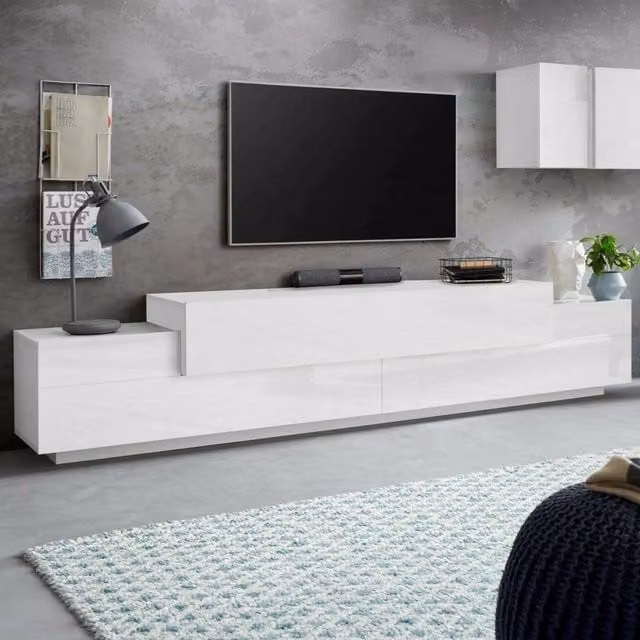 Mobile porta TV Tiche, Credenza bassa da soggiorno, Base porta TV, 100% Made in Italy, cm 240x45h52, Bianco lucido