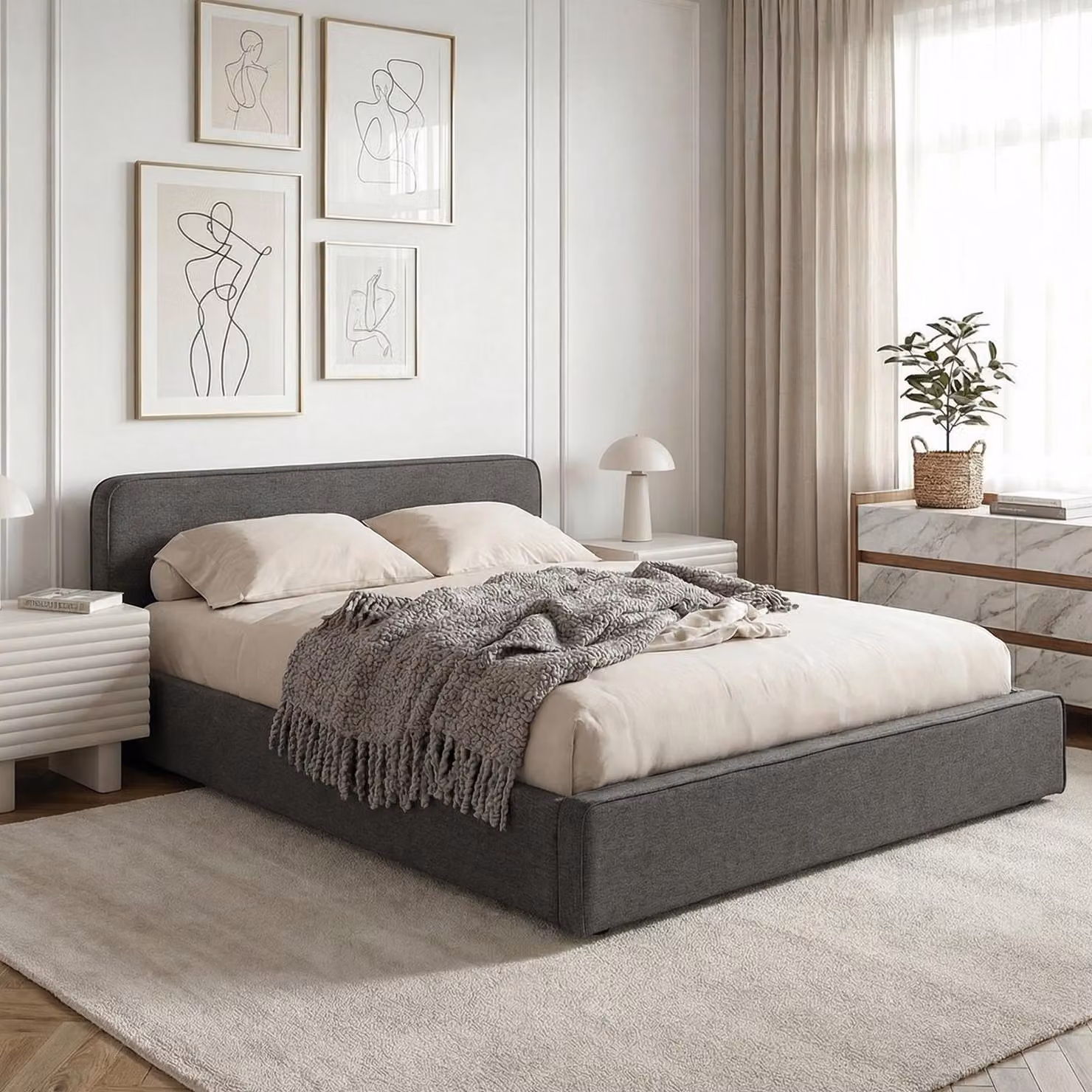 Letto imbottito MARINI, letto matrimoniale 140x200 cm in grigio scuro - Letto imbottito con rete a doghe, design moderno e robusta struttura in legno con piedini in plastica
