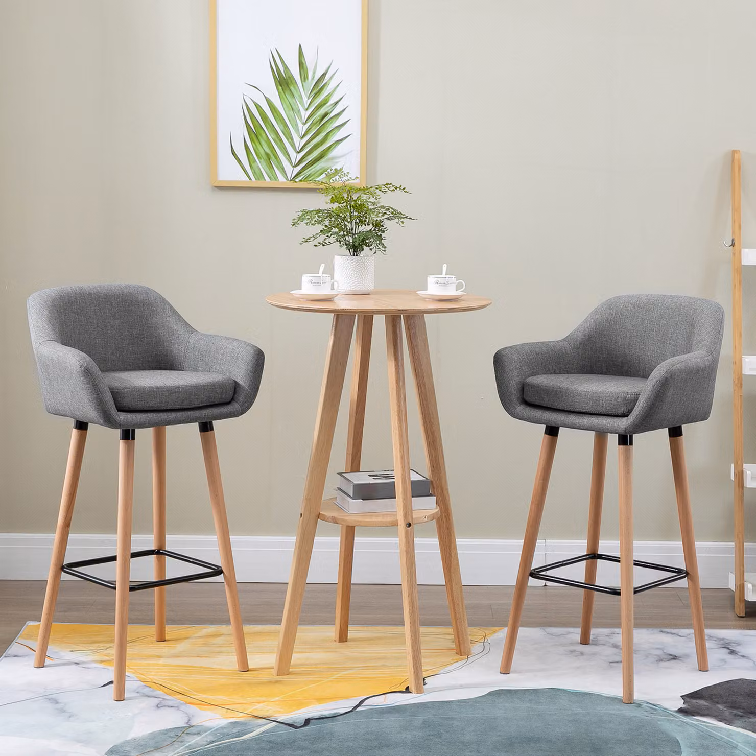Set di 2 sgabelli da bar moderni HOMCOM con cuscino in tessuto grigio e gambe in legno L/P/H: 55 x 48 x 100 cm – 2