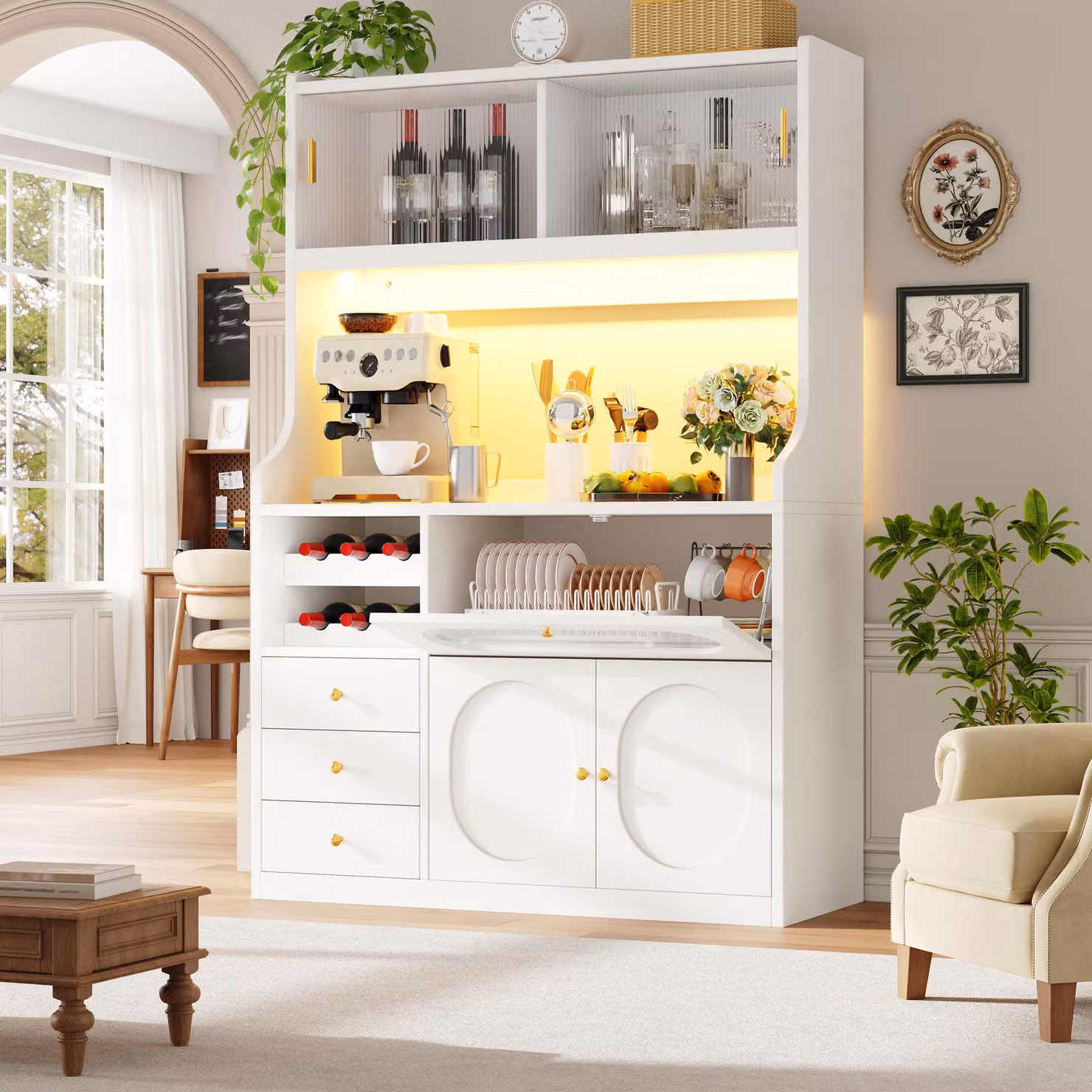 Armadio alto per la cucina di alta qualità, con illuminazione RGB controllata tramite app, mobili da cucina con ante scorrevoli in vetro, scaffale per vino e ante a ribalta verso l'alto, credenza, colore bianco