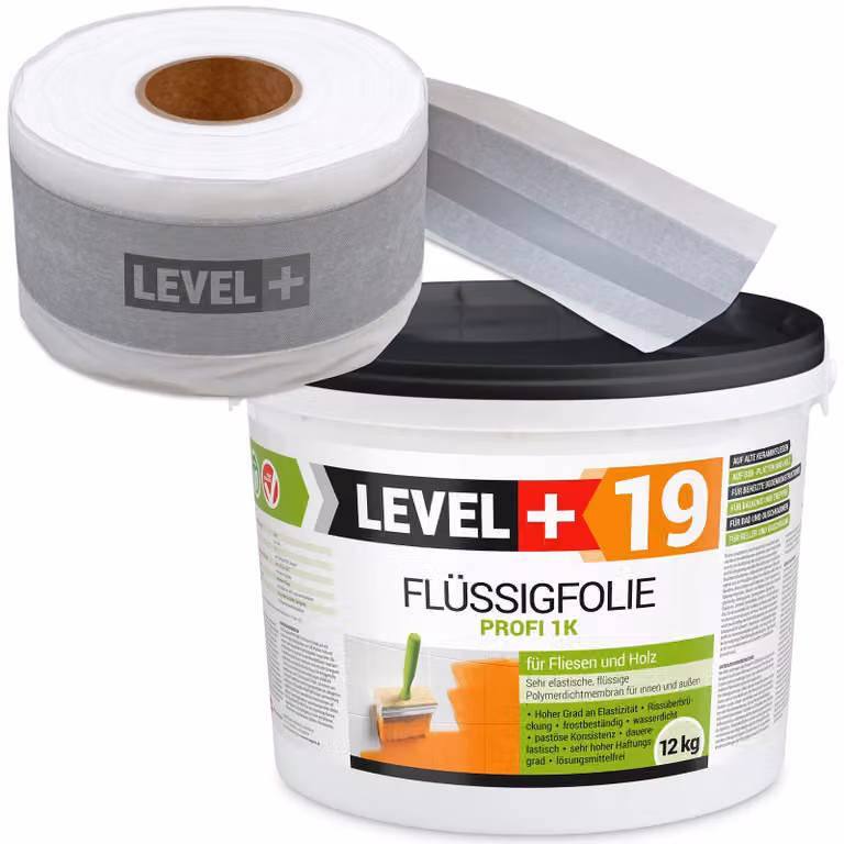 Kit di impermeabilizzazione: membrana liquida da 12 kg, nastro da 10 metri, per balconi e bagni. Modello: LEVEL+ SET527