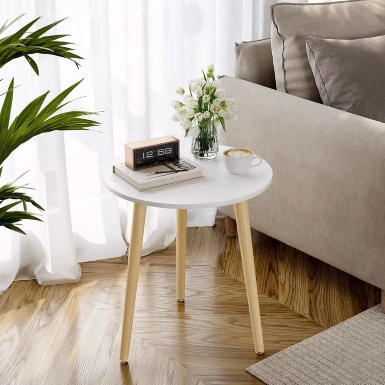 Tavolino rotondo Ø 42 cm, tavolino regolabile in altezza, gambe in legno massiccio, stile scandinavo