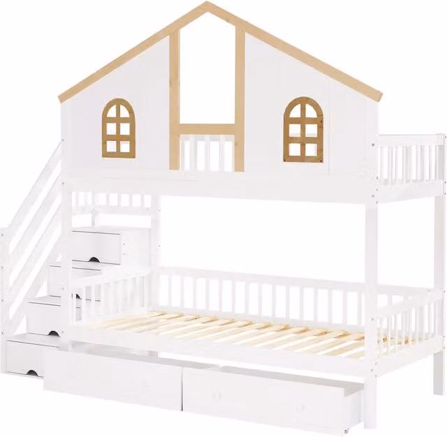 Letto a castello per bambini 90x200 cm in pino e MDF bianco e naturale con protezione anticaduta, finestra, 2 cassettoni su ruote e scala con 4 ripiani