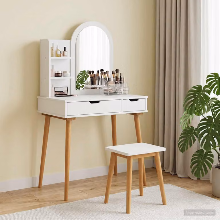 Set Tavolo da Trucco vidaXL FAUSKE 3 pz Bianco L: 76 cm, P: 50 cm, H: 143 cm