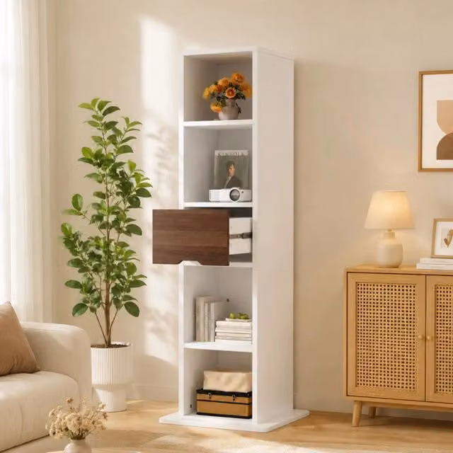 Armadietto, armadio con specchio girevole, 45x45x168 cm, ripiani aperti, cassetti nascosti, bianco