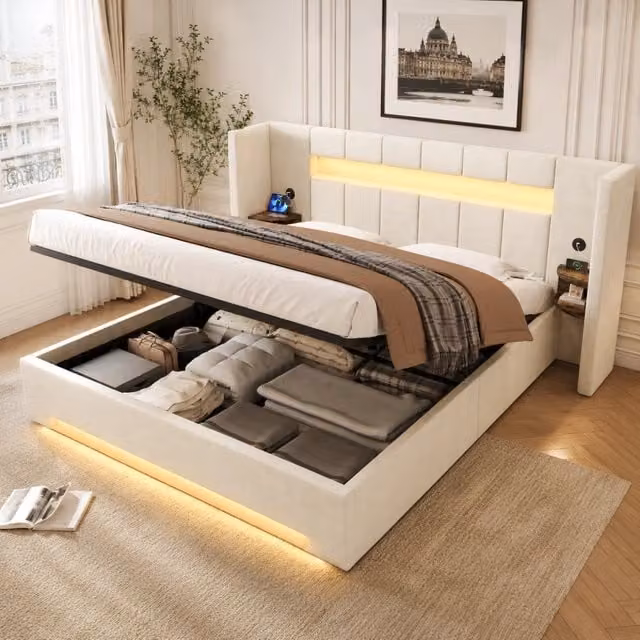 Struttura letto in velluto multifunzionale 180x200 cm con testiera larga, 2x USB, armadio retrò, LED, idraulica e grande contenitore sotto