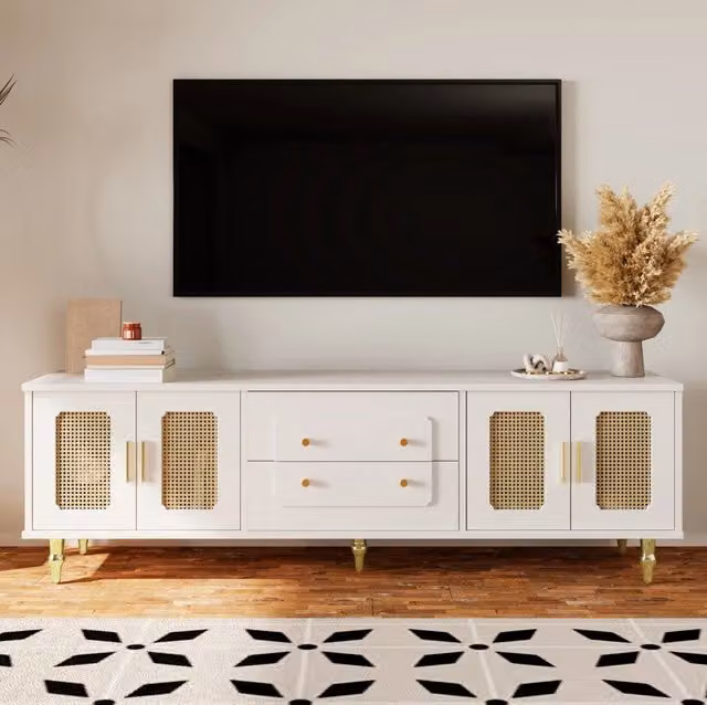 Mobile TV bianco 175 x 38 x 55;5 cm con 4 ante in PVC effetto rattan e cassetti push-to-open