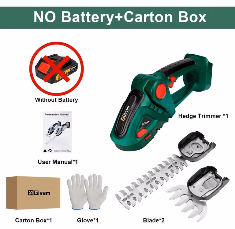 Tagliasiepi e cesoie da giardino 2 in 1 - Senza fili - Lama da 22 cm - Doppio taglio - Compatibile con 18 V - Senza batteria - Verde