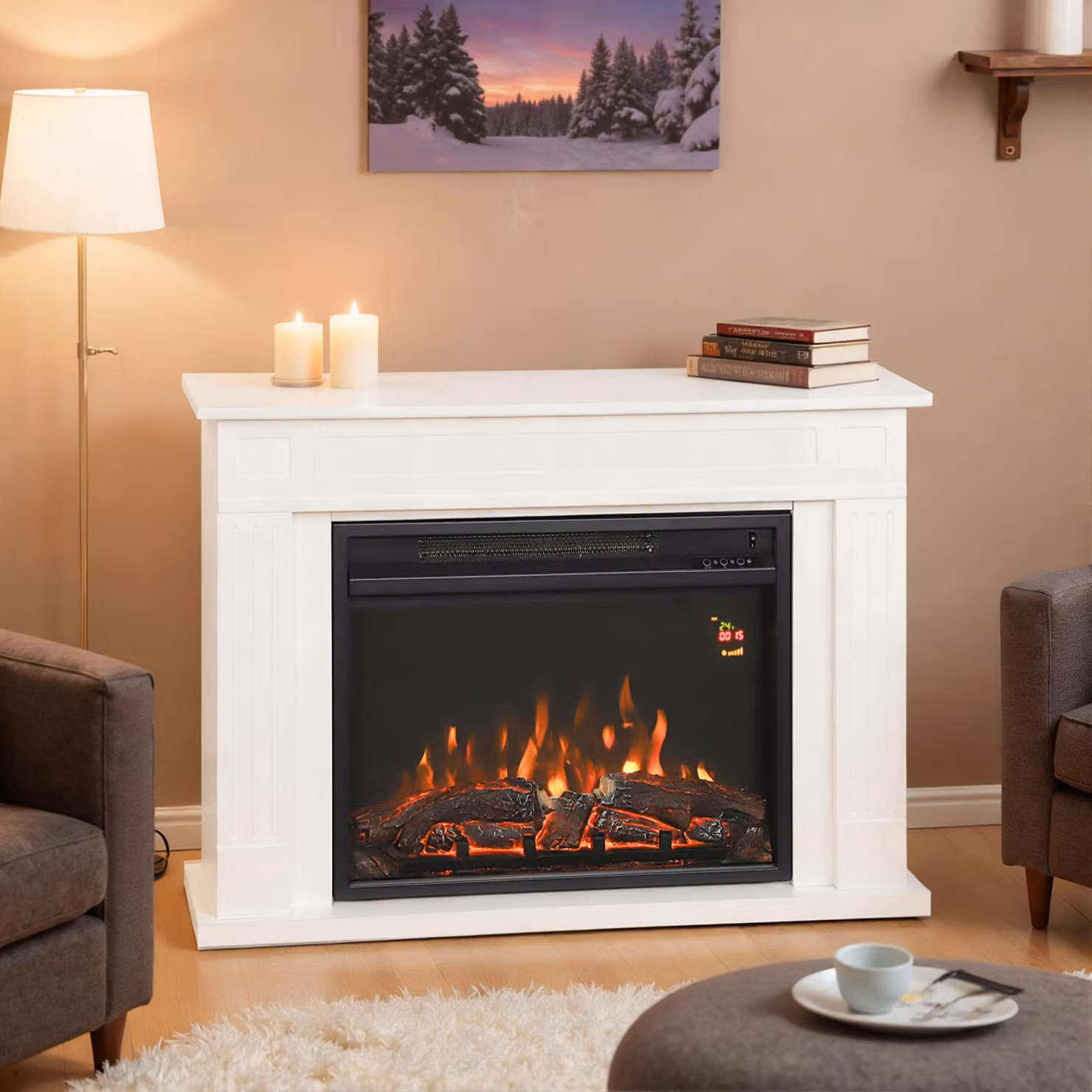 Camino Elettrico HOMCOM con 12 Colori di Fiamma e 5 Livelli di Luminosità, Telecomando e Timer, Bianco e Nero, L 98 x P 23,5 x H 69,5 cm – 2