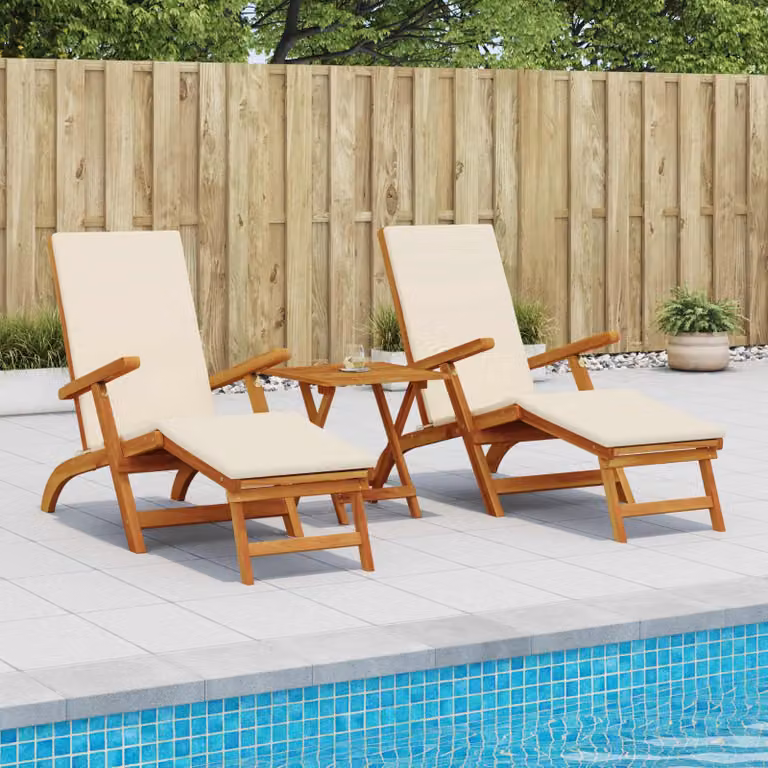 Set di 3 lettini prendisole reclinabili e pieghevoli vidaXL in legno di acacia color bianco crema
