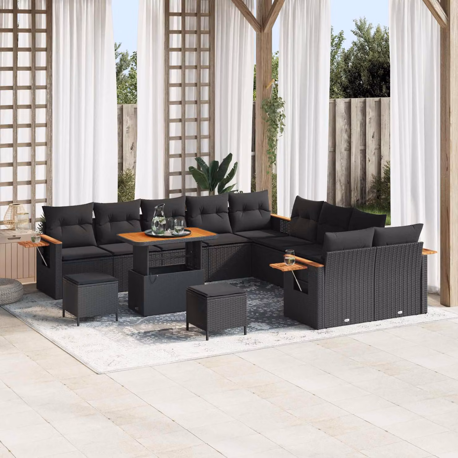 Set Divano da Giardino Moderno vidaXL a Forma a U in Polyrattan Nero con Cuscini e Tavolino da Esterno – 1