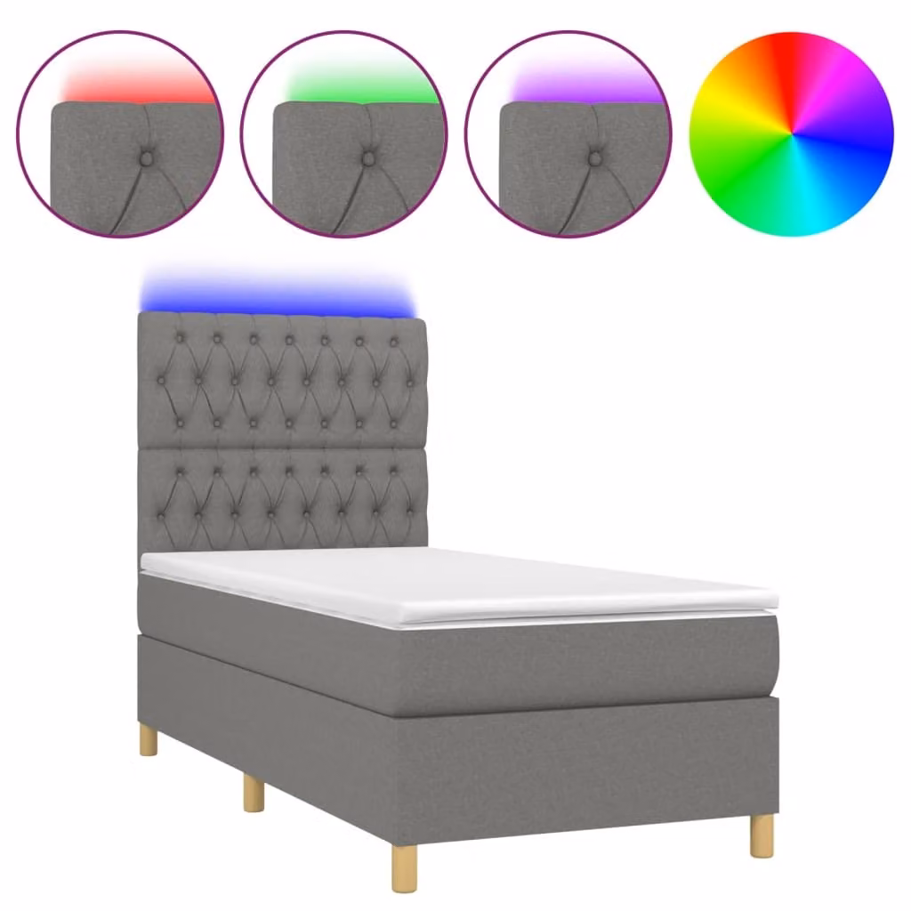 Letto a Molle Materasso e LED Grigio Scuro 100x200cm in Tessuto
