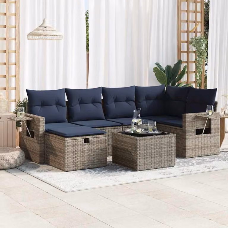 Set Divani da Giardino vidaXL 7 pz a Forma a L con Cuscini Grigio e Blu in Polyrattan e Metallo