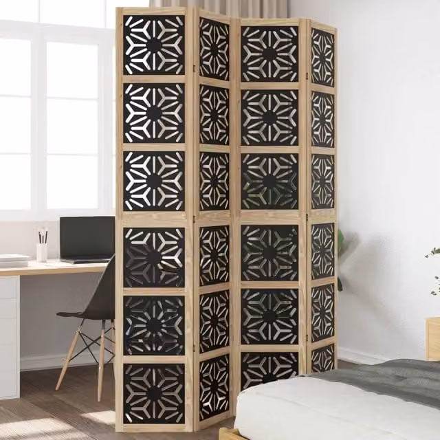 Divisorio Ambienti Moderno vidaXL con 4 Pannelli Geometrici in Legno di Paulownia, Marrone e Nero, H: 175 cm x L: 220 cm