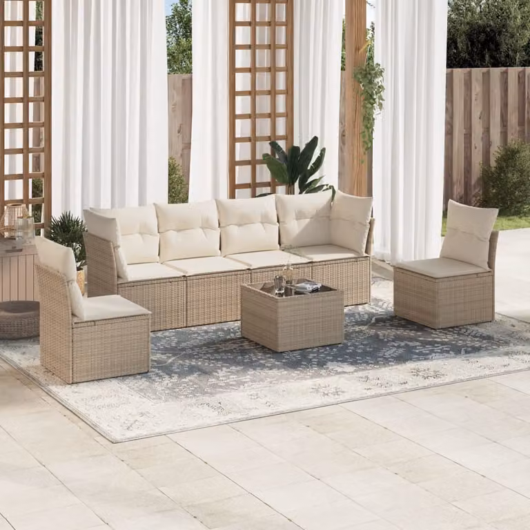 Set di divani da giardino vidaXL in polyrattan beige con cuscini e tavolino da esterno a forma di L