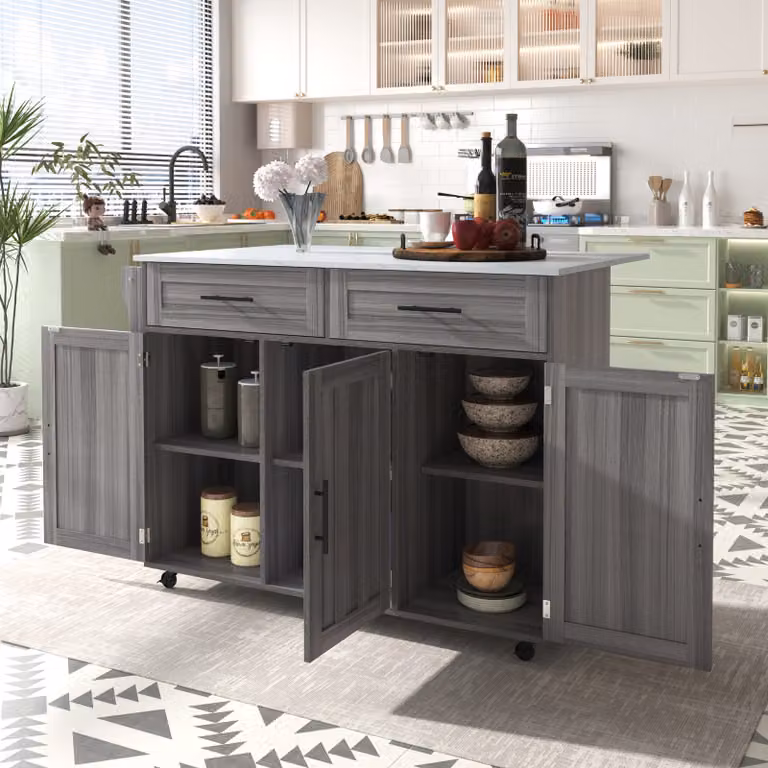 Isola da cucina STILVORA con piano di lavoro ribaltabile, anta portaoggetti e rotelle, carrello da pranzo su 5 ruote con armadietti e 2 cassetti, mobile buffet per la sala da pranzo, grigio