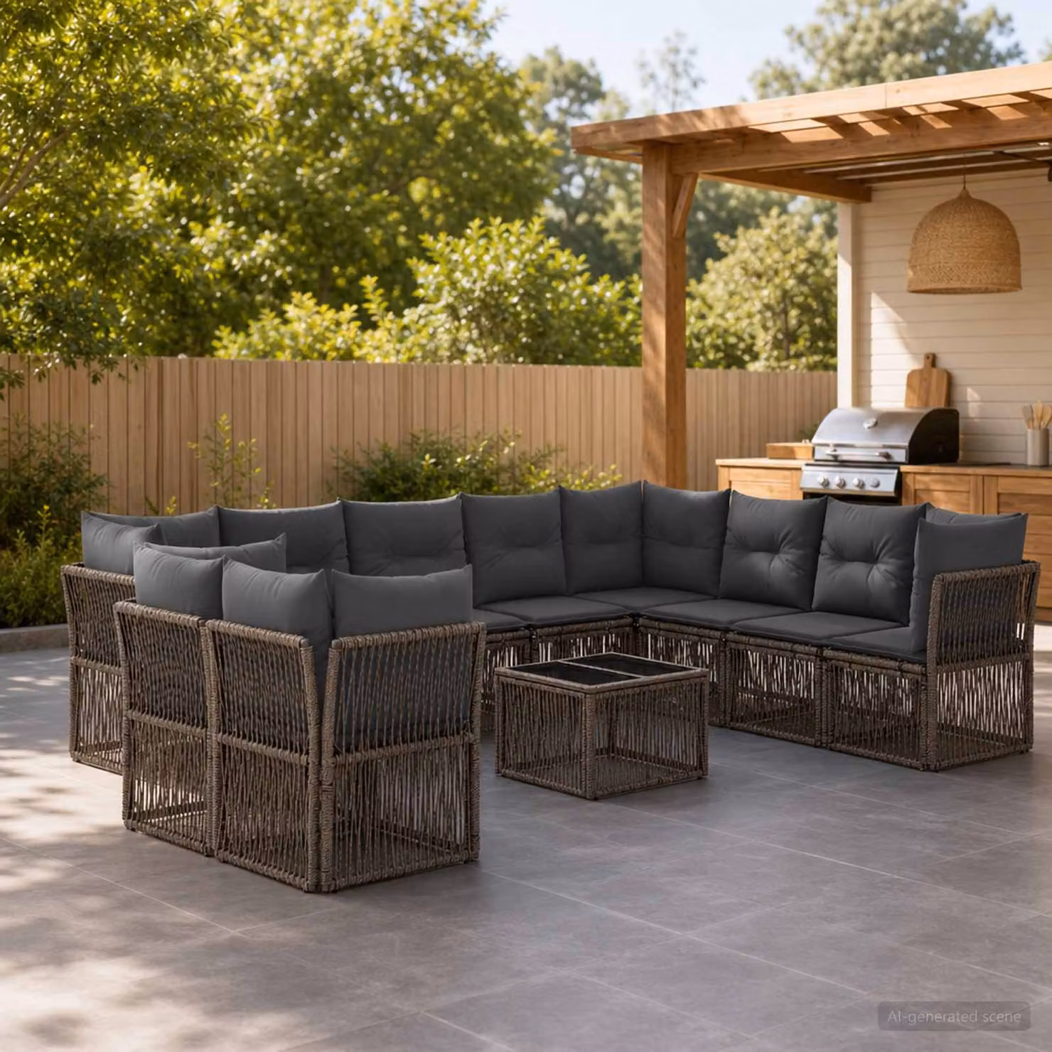 Set Divano da Giardino vidaXL 11 pz Grigio a Forma di U con Tavolino e Cuscini in Polyrattan e Metallo